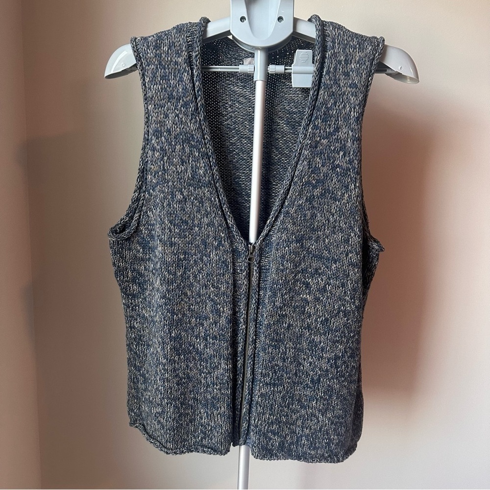 J. Jill Chunky Knit Sweater Vest XL | Full Zip Rolled V-Neck Navy Tan Cotton